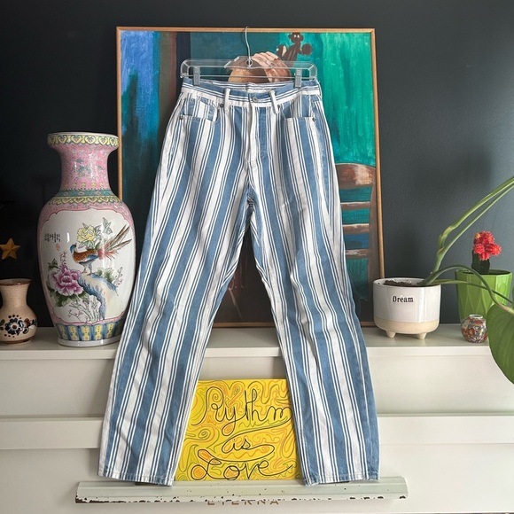 American Eagle Outfitters Blue and White Striped Straight Leg Jeans Size 4 - Picture 1 of 16